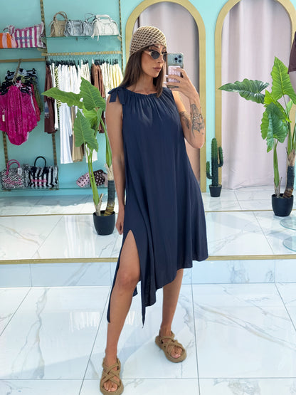 Robe oversize en viscose avec noeud et fente - bleu marine