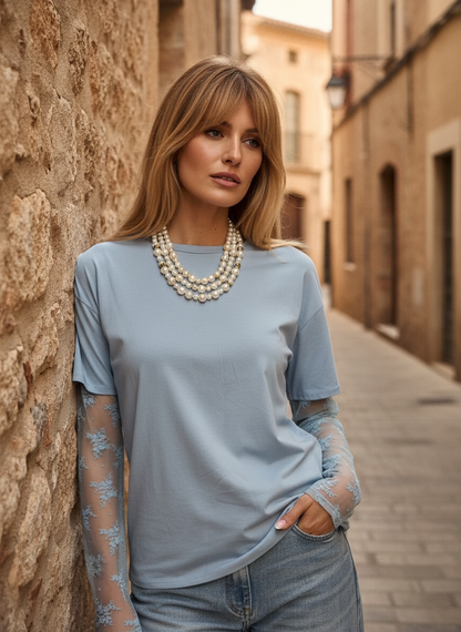T-Shirt Coton Manches Dentelle –bleu