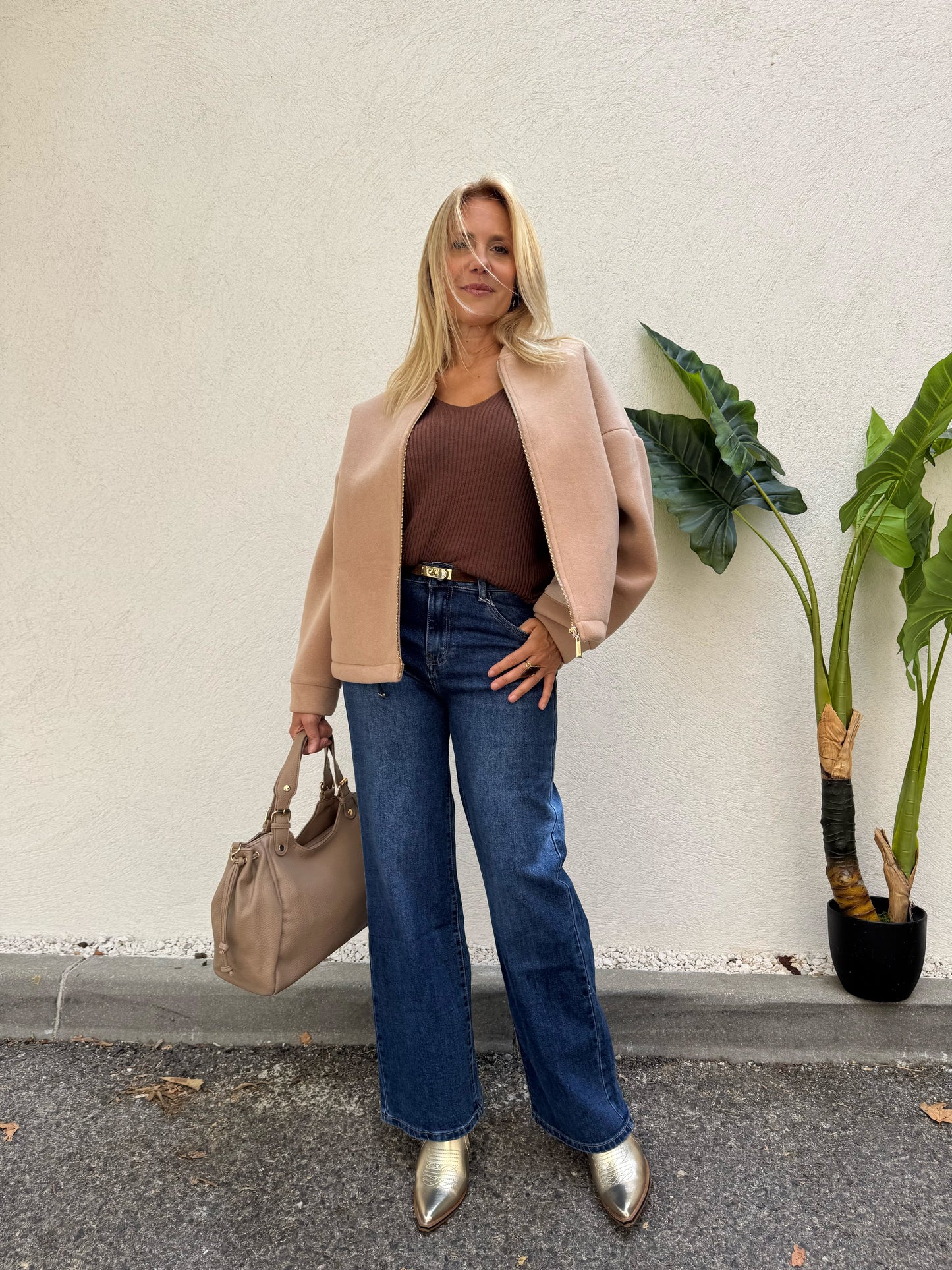 Sac bowling en simili grainé – Grand format – Style intemporel- beige