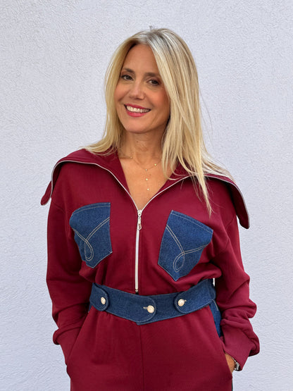 Ensemble streetwear patchwork jean & sweat – bordeaux