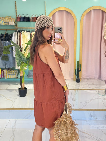 Robe en popeline de coton à encolure cloutée - terracota