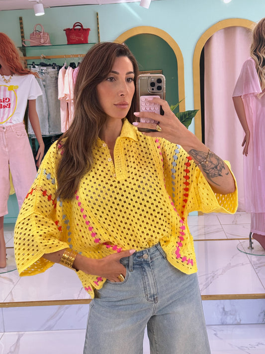 Polo crochet en coton jaune