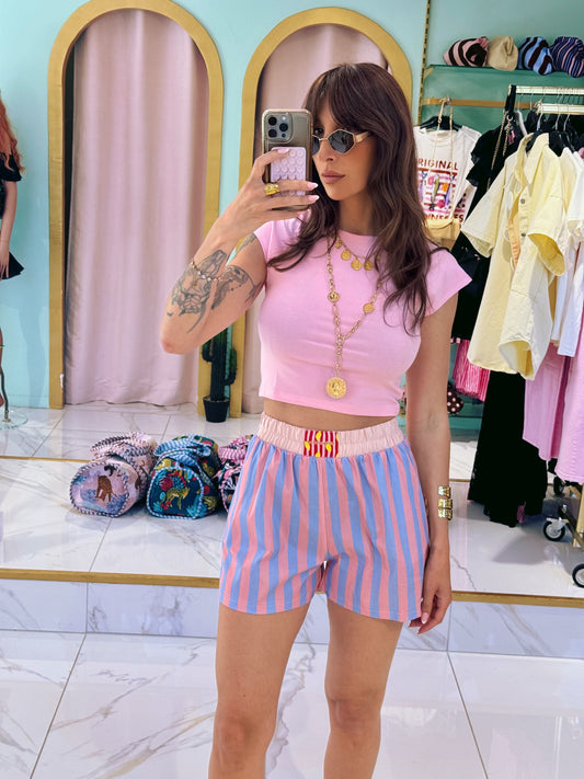 Short façon caleçon rayé rose et bleu