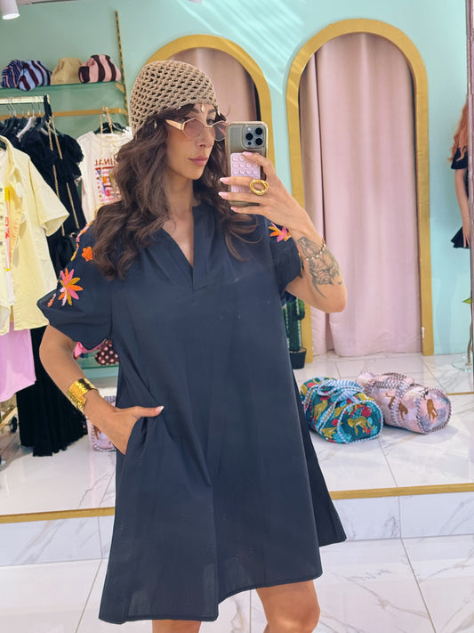 Robe en popeline de coton avec manches  bouffantes brodées - bleu marine