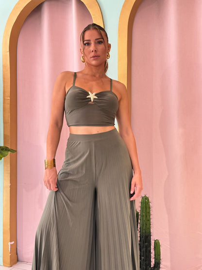 Ensemble top & pantalon palazzo plissé - kaki