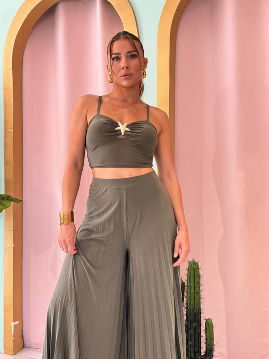 Ensemble top & pantalon palazzo plissé - kaki