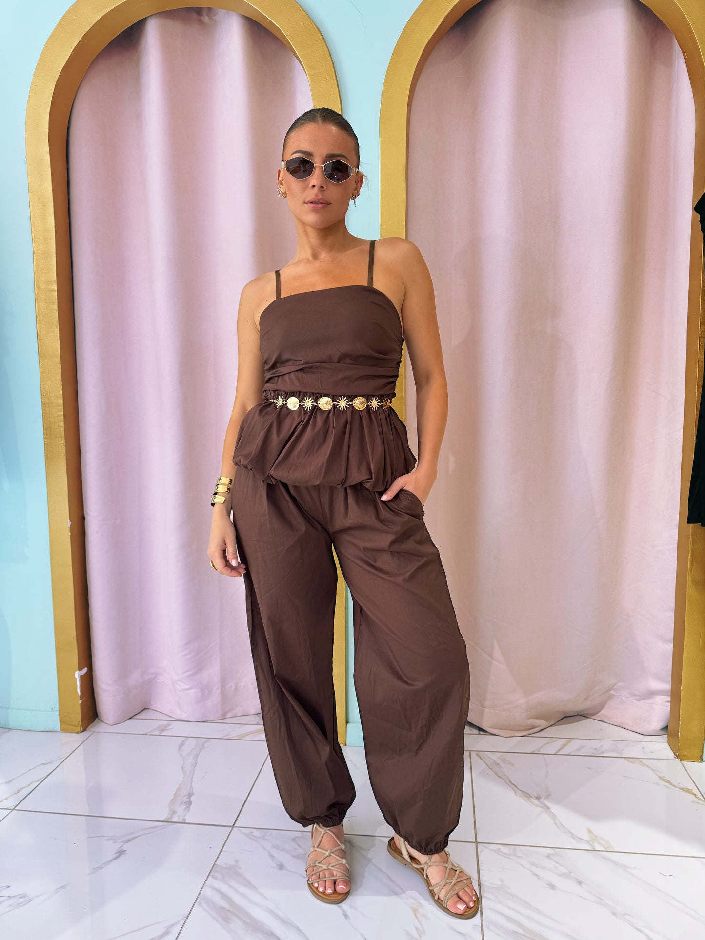 Ensemble nomade top & pantalon baloon - marron