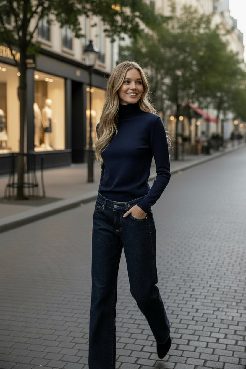 Pull col roulé basique tout doux bleu marine