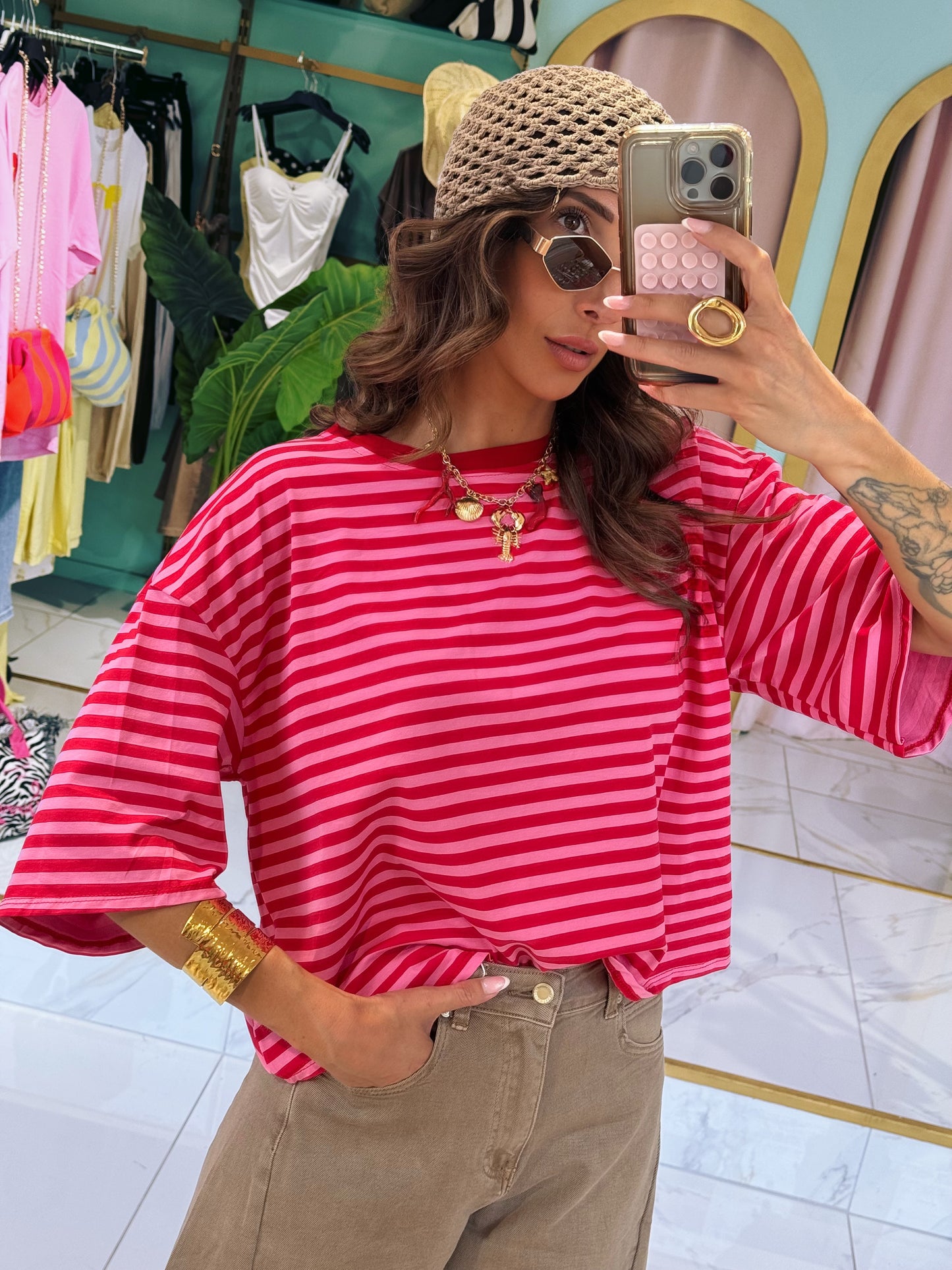 T-shirt marinière rouge & rose