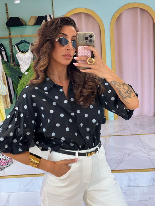 Chemise à pois avec manches bouffantes - noir