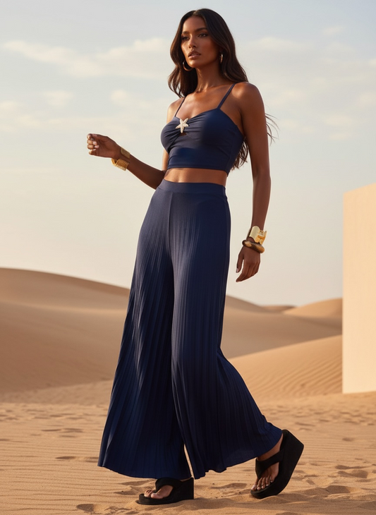 Ensemble top & pantalon palazzo plissé - bleu marine