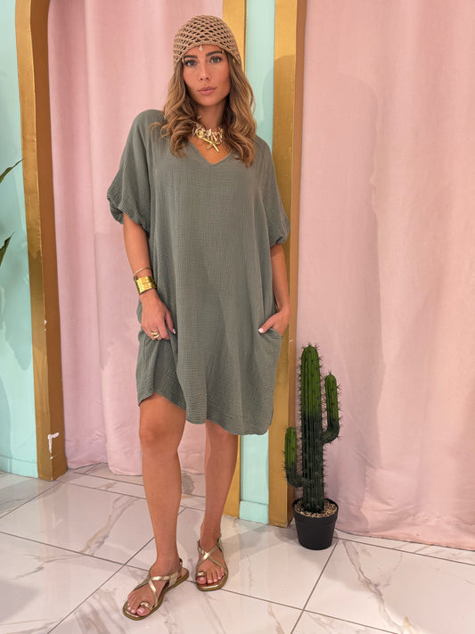 Robe en gaz de coton manches bouffantes - kaki