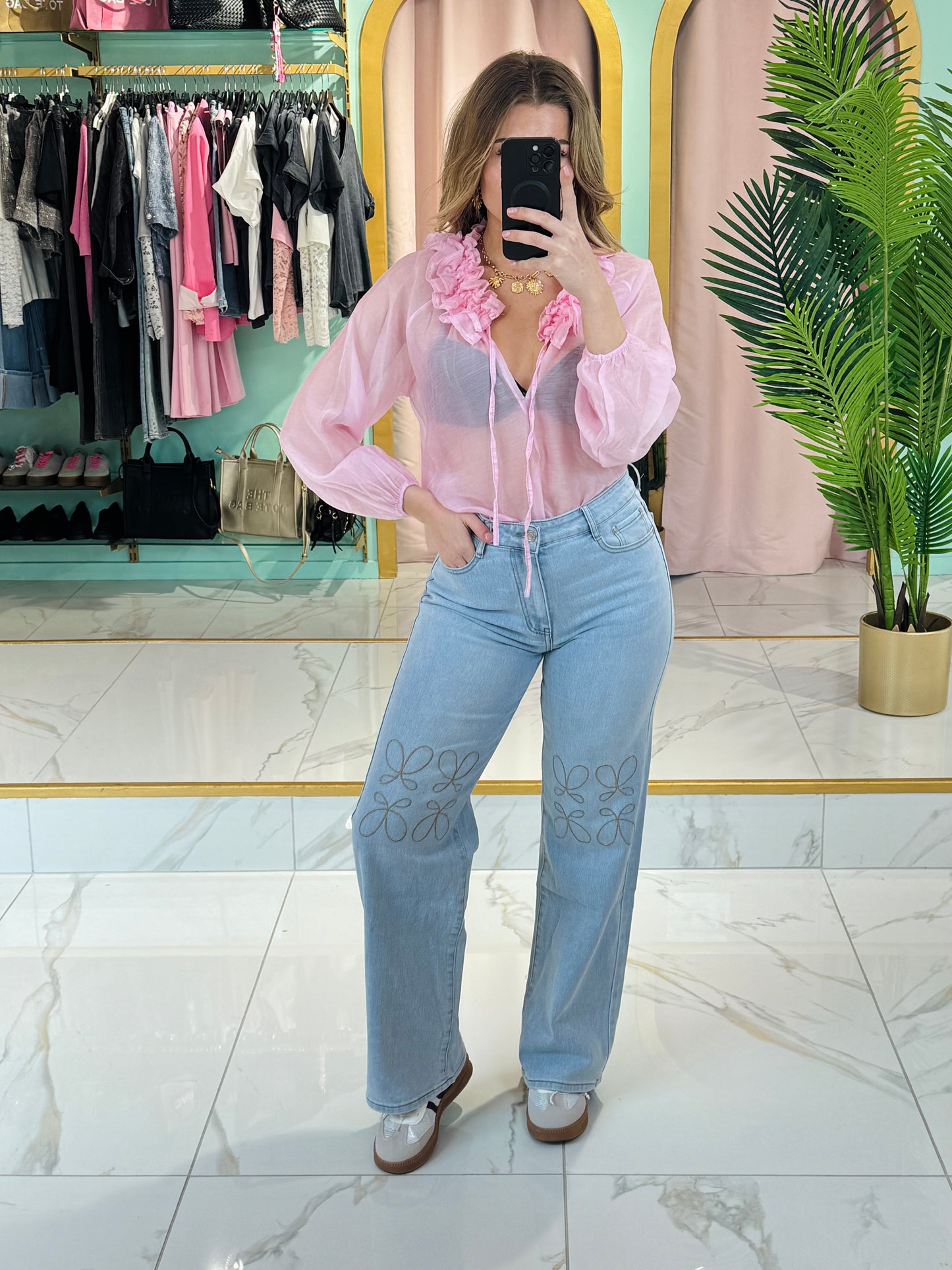 Blouse transparente col froncé – Rose