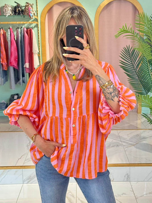Blouse rayée en gaz de coton rose  et orange