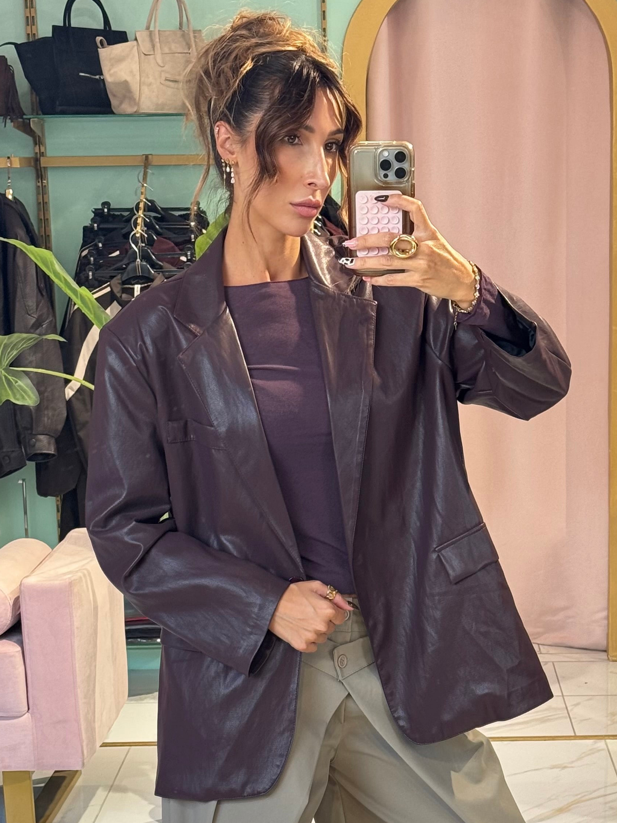 Veste tailleur oversize en simili cuir - bordeaux / prune