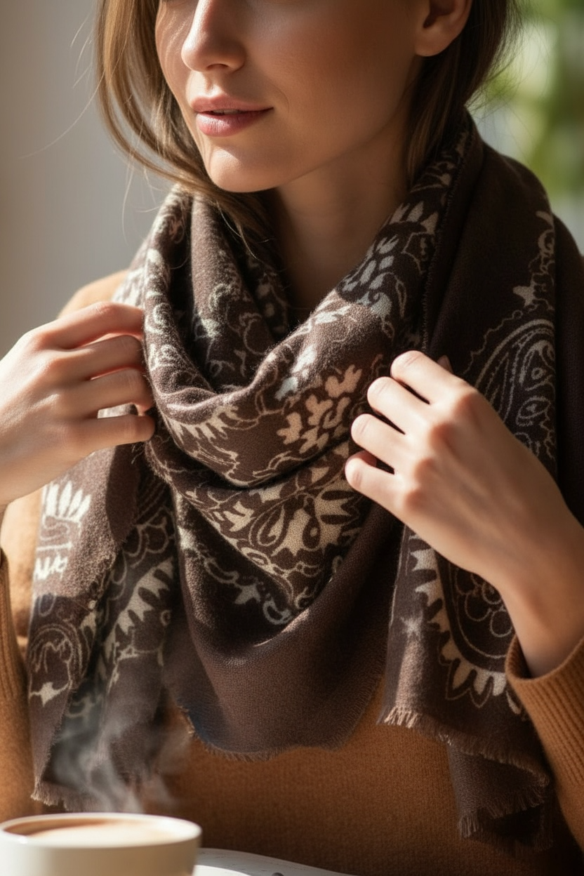 chèche imprimé style bandana – chocolat  & écru