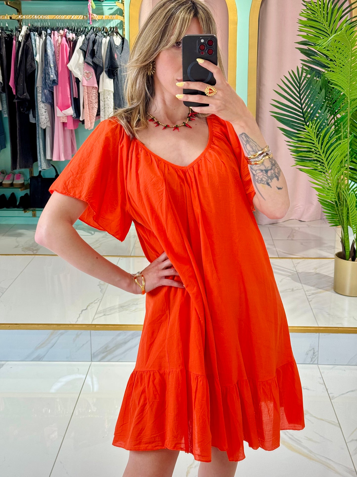 Robe coton col V dos noué - Corail