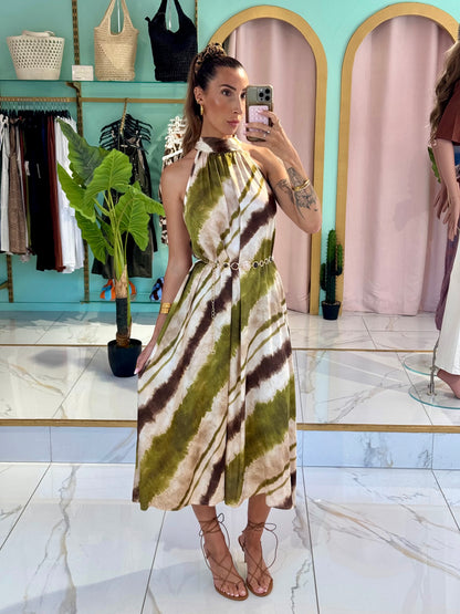 Robe longue satinée à imprimé - pistache