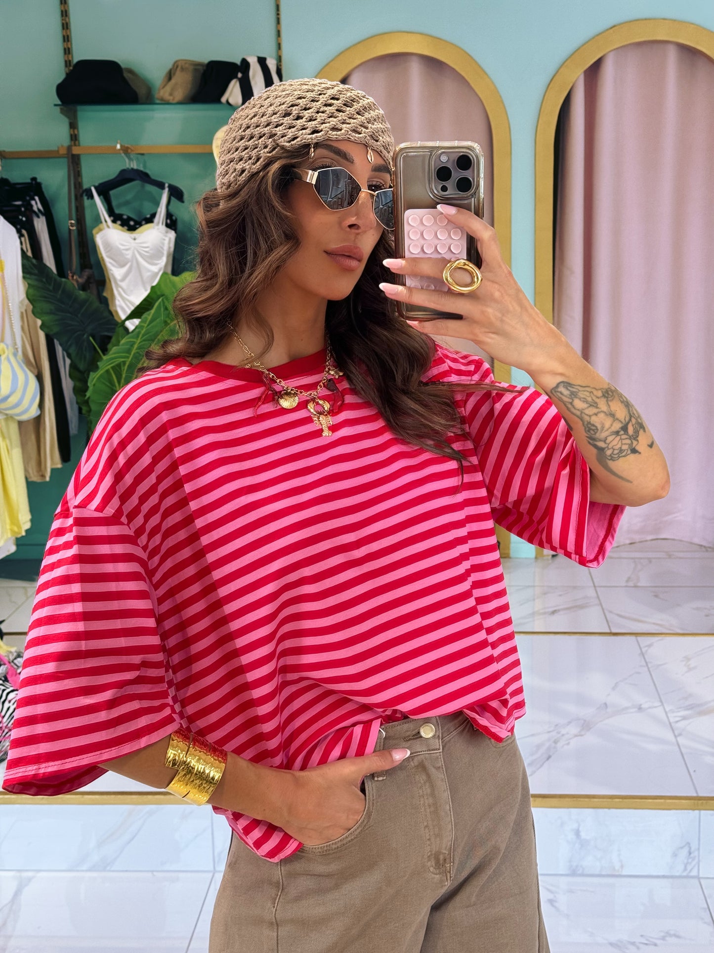 T-shirt marinière rouge & rose