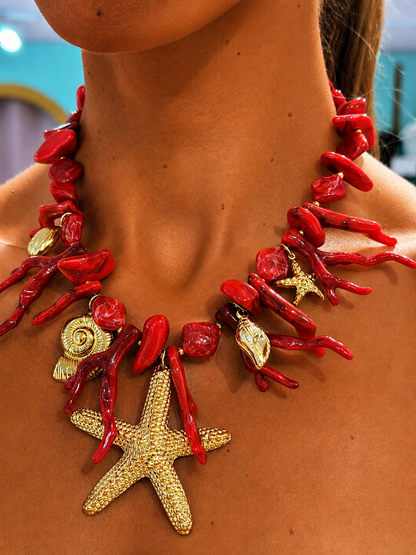 Collier corail 🪸 & etoile de mer - rouge