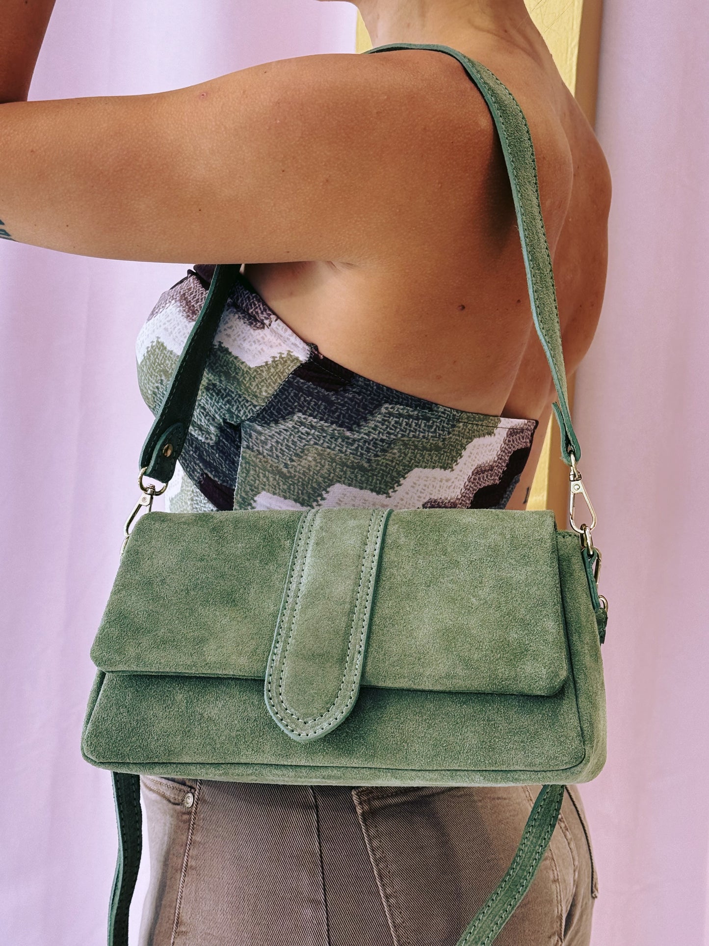 Sac en cuir nubuck dupe à double bandoulière - vert
