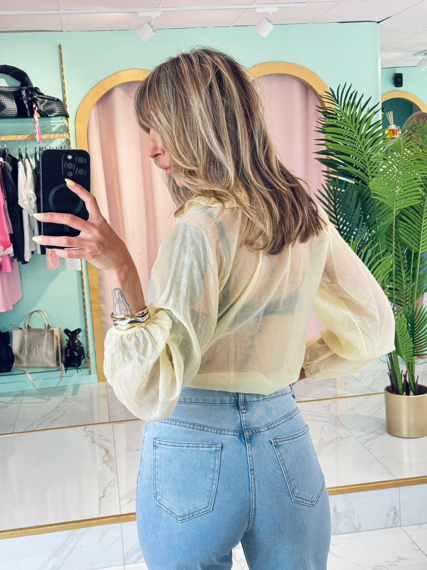 Blouse transparente col froncé – Jaune