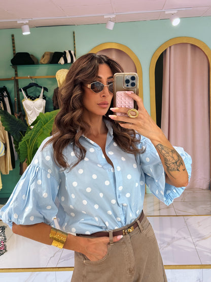 Chemise à pois avec manches bouffantes - bleu