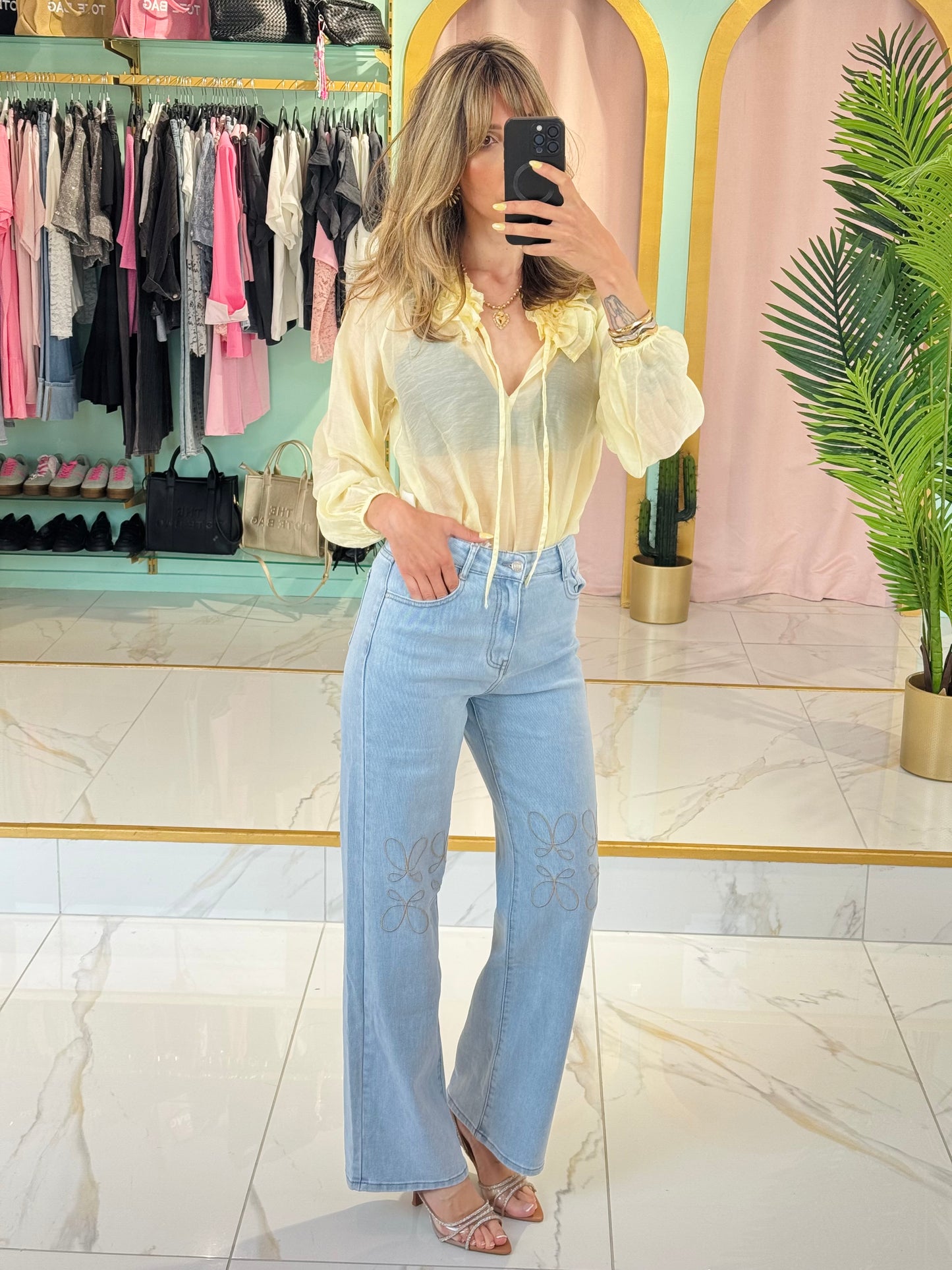 Blouse transparente col froncé – Jaune