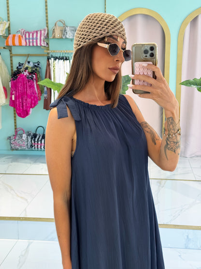 Robe oversize en viscose avec noeud et fente - bleu marine