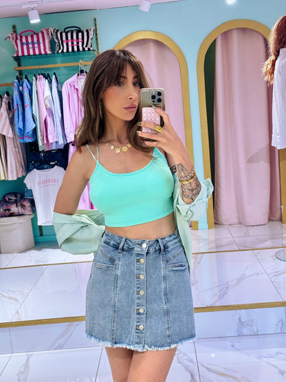 Crop Top à Coques – Dos Croisé & Maille Côtelée turquoise