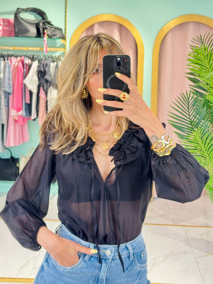 Blouse transparente col froncé – Noir