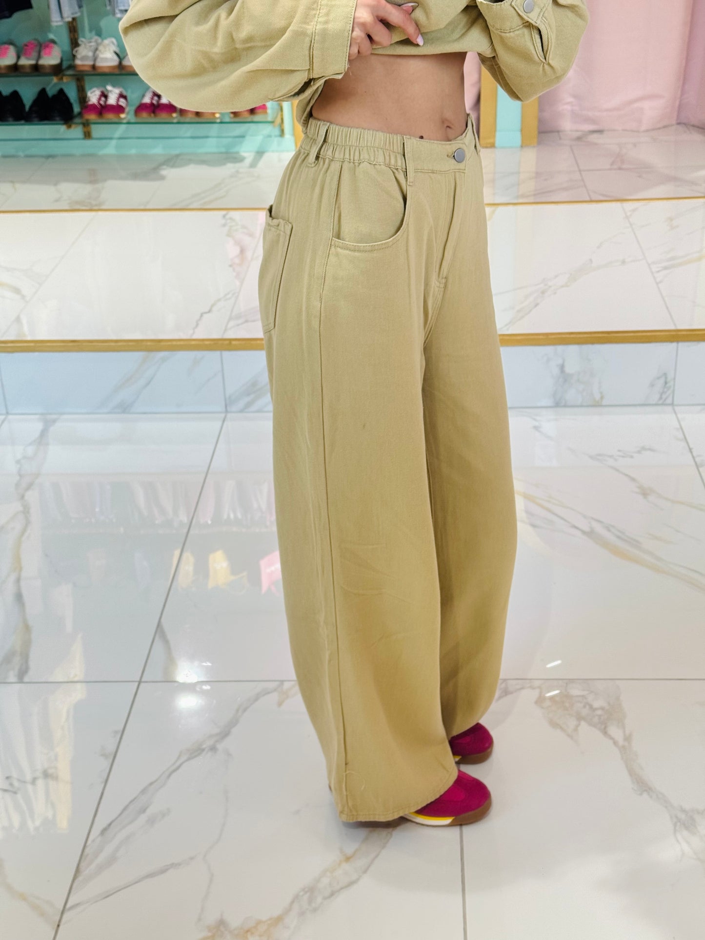 Ensemble en jean surchemise & pantalon wide leg beige