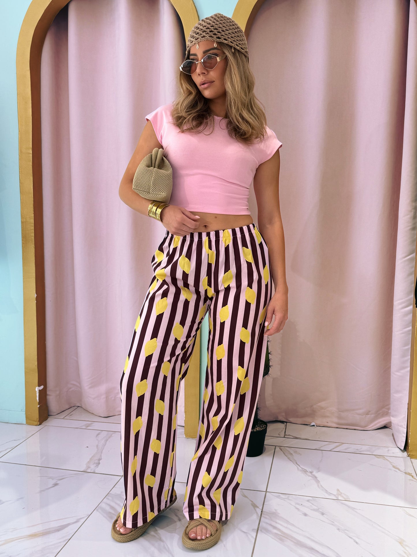 Pantalon rayé citron -marron & rose