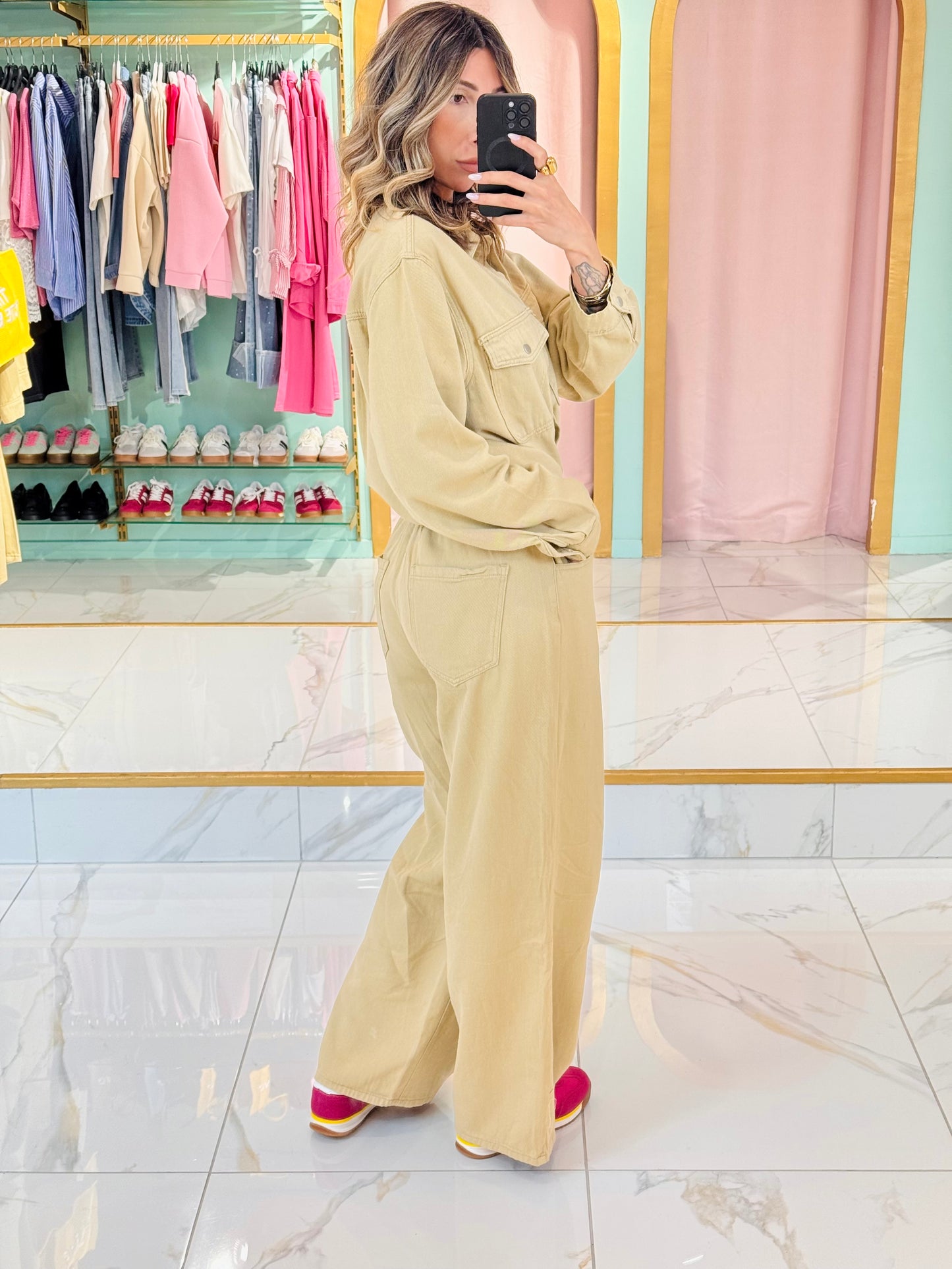 Ensemble en jean surchemise & pantalon wide leg beige