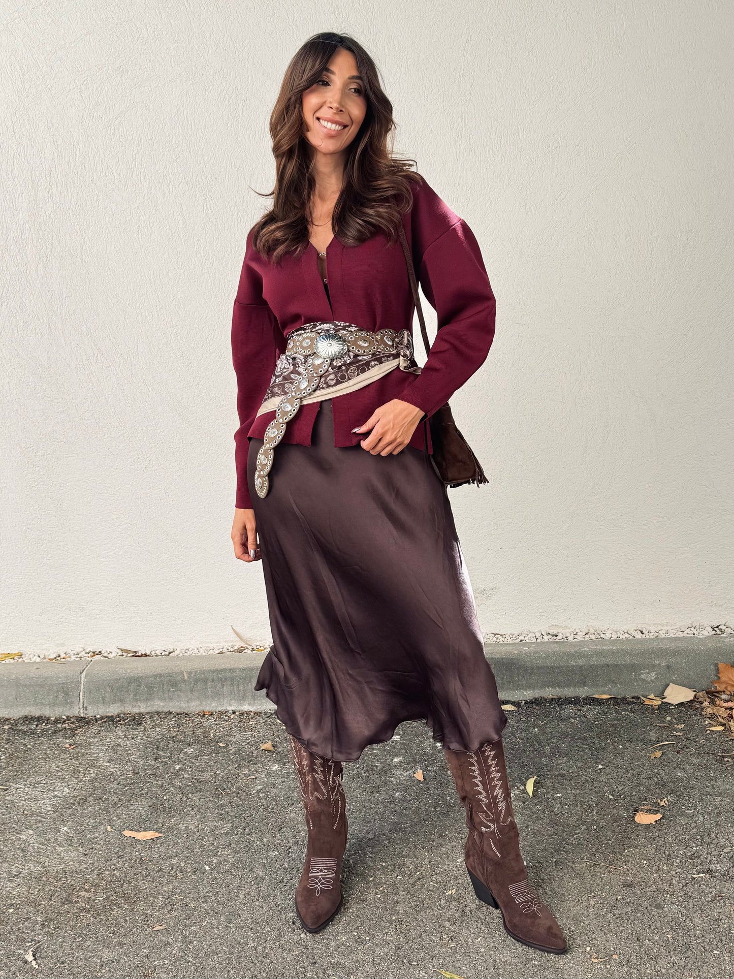 Veste-gilet en maille épaisse bordeaux – Manches ballon & crochets