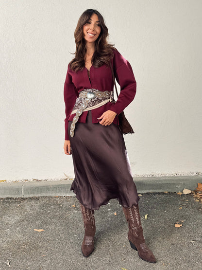 Veste-gilet en maille épaisse bordeaux – Manches ballon & crochets