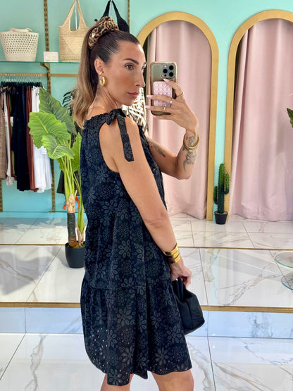 Robe oversize broderie & noeud épaule - noir