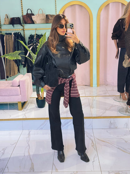 ✨ Veste Bomber en Simili Cuir Grainé à Col Montant Asymétrique – noire