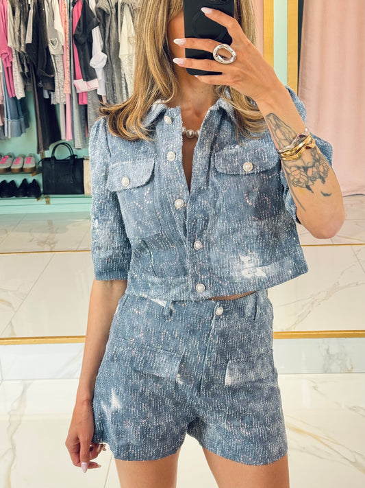 Ensemble veste & short avec sequins - Bleu