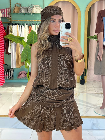 Ensemble top / jupe et foulard bandana  - marron