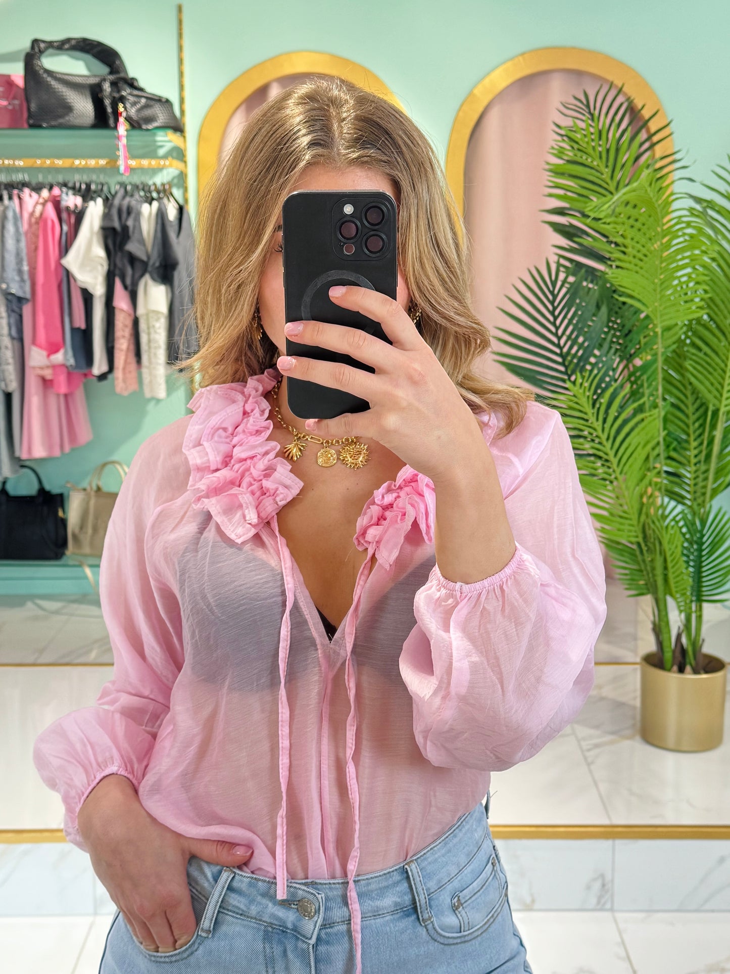 Blouse transparente col froncé – Rose