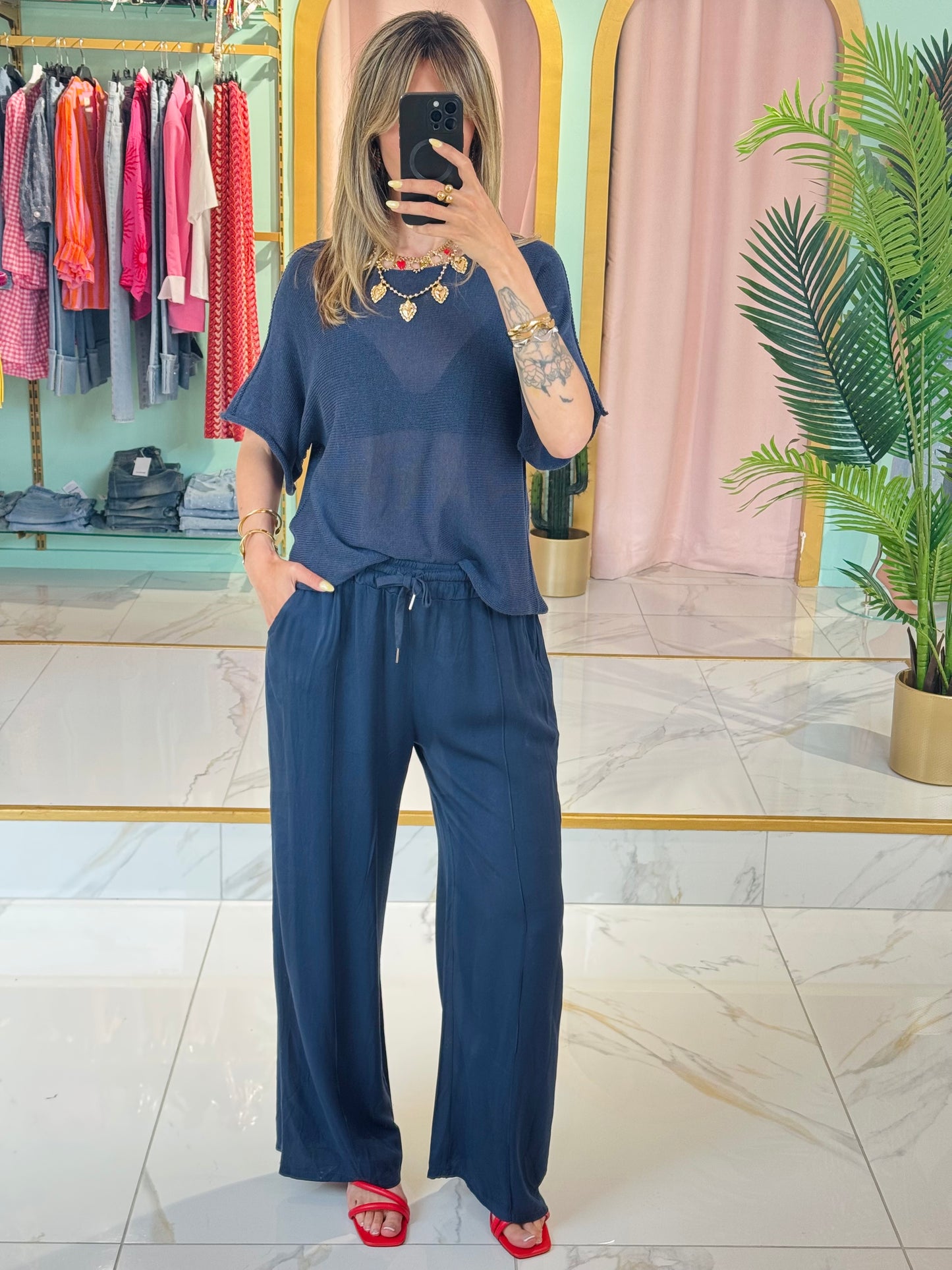 Pantalon fluide en viscose ceinture cordon bleu marine