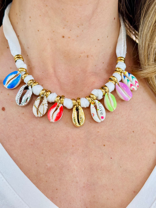 Collier tissu et coquillage - Mile et Mila blanc