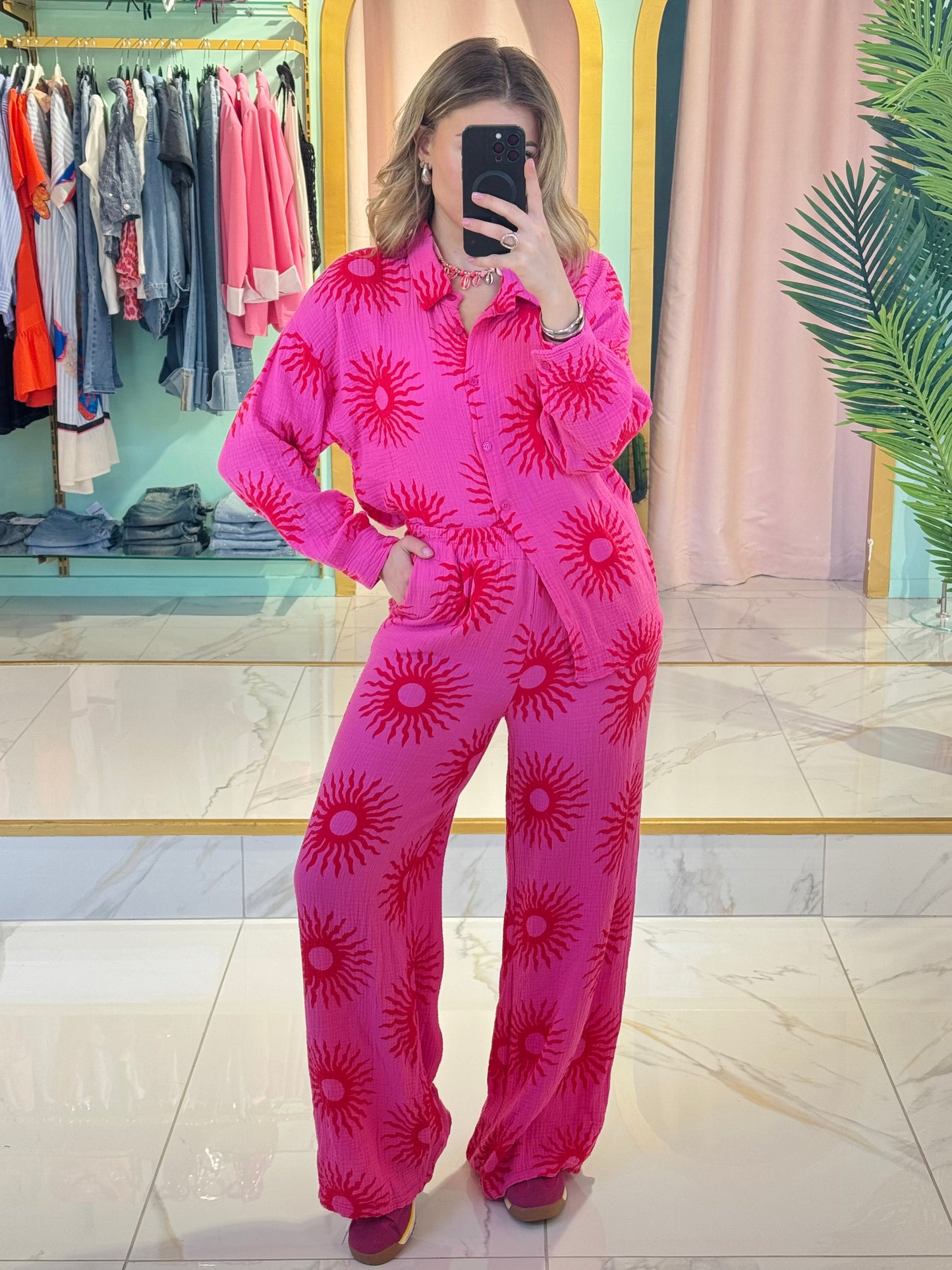 Pantalon gaz de coton imprimé soleil