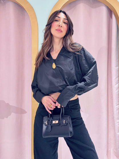 Chemise cropped bouffante Monaco noire