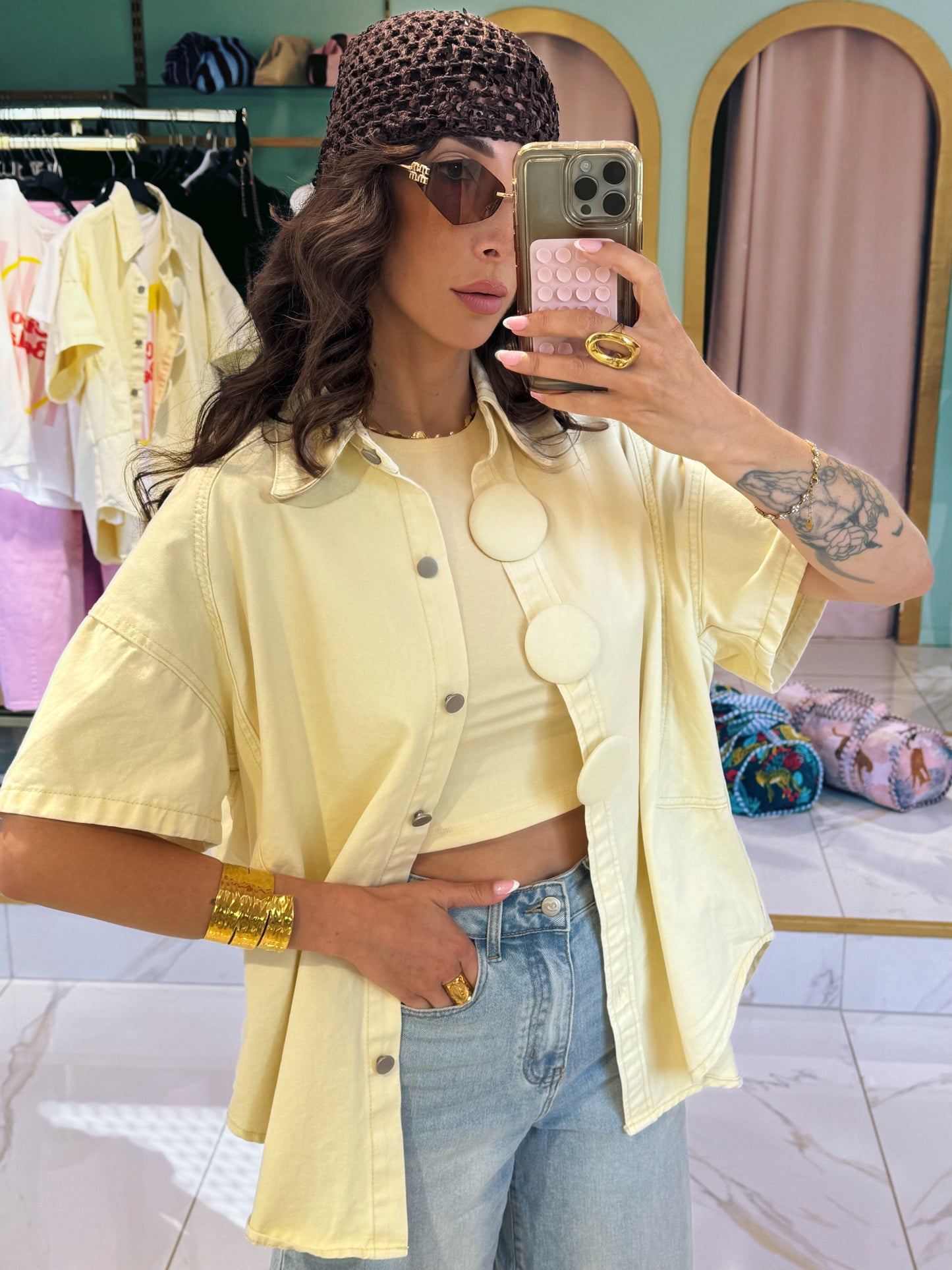 Veste en jean manches courtes oversize - jaune