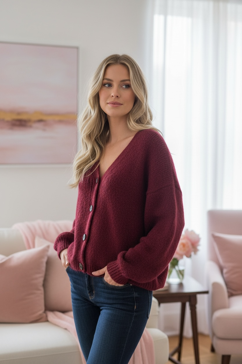 Gilet cocooning en maille manches longues bordeaux