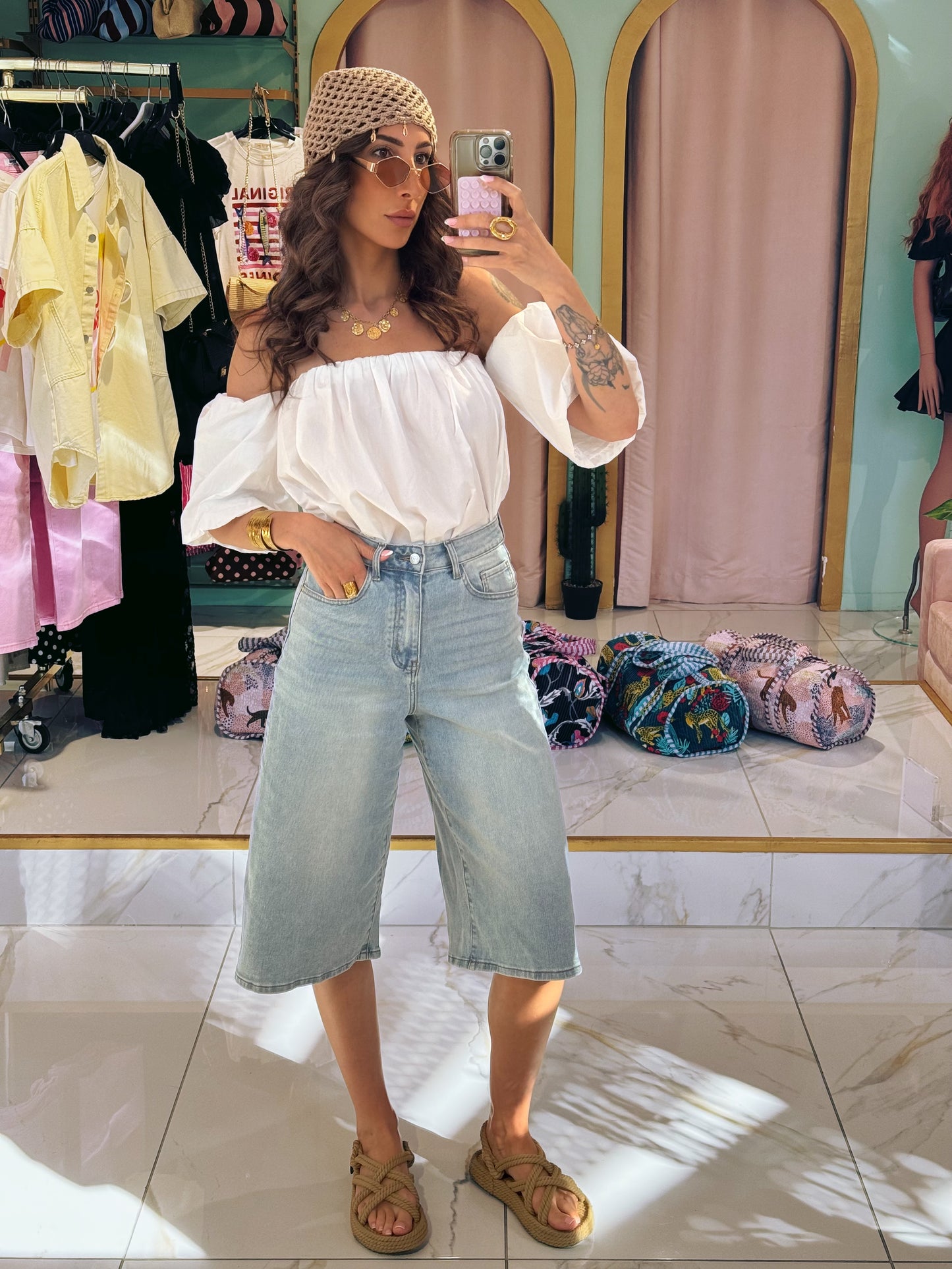Top en popeline bouffant manche bardot - blanc