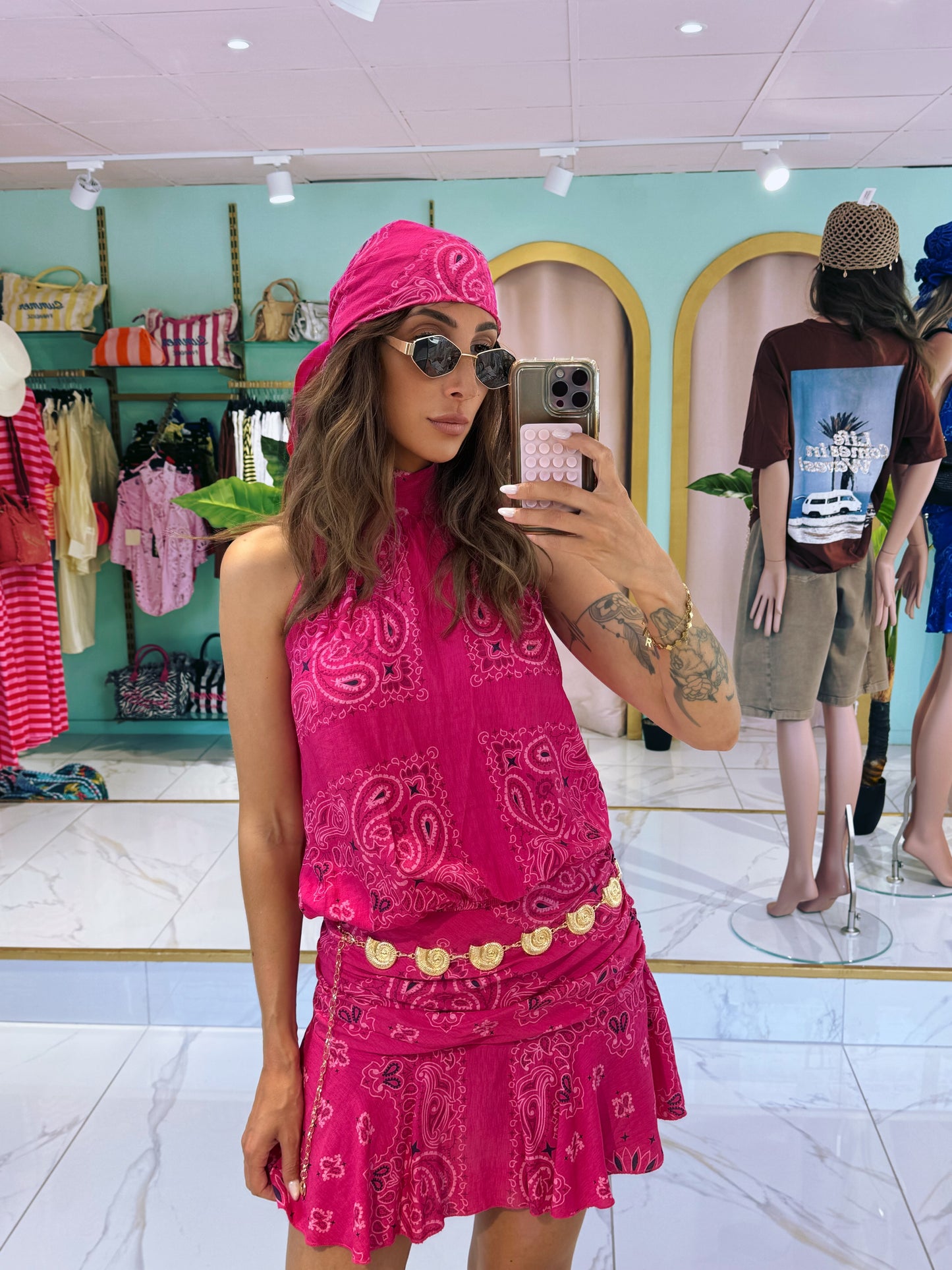 Ensemble top / jupe et foulard bandana  - fushia