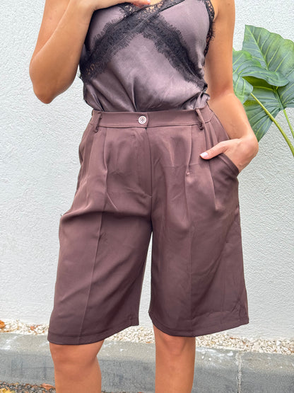 Bermuda tailleur loose – Taille élastique – Marron